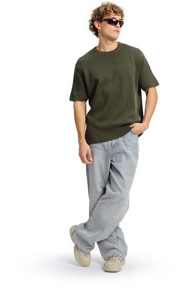 Olive Relaxed Fit Knit T-shirt - BonkersCorner