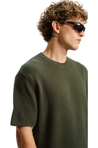Olive Relaxed Fit Knit T-shirt - BonkersCorner