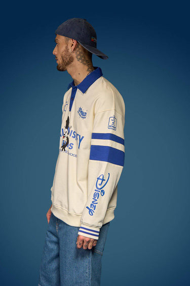 Bonkers Corner Oswald oversized collared sweatshirt in light blue, featuring a relaxed fit and button-up collar.