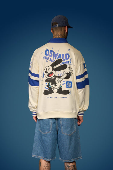 Bonkers Corner Oswald oversized collared sweatshirt in light blue, featuring a relaxed fit and front pocket detail.
