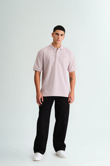 Pastel lilac Bonkers Corner Signature Jacquard Collar premium polo shirt, close-up of fabric and detailed collar design.