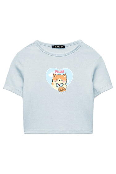 Bonkers Corner Pisces Power long length baby tee in white with Pisces graphic print, casual fit, short sleeves, and round neckline.