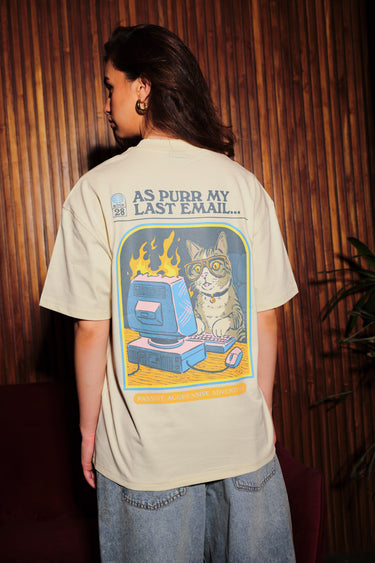 Bonkers Corner oversized T-shirt featuring a "Purred Emails" graphic in a relaxed fit, displayed on a white background.
