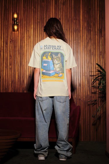 Bonkers Corner oversized T-shirt with "Purred Emails" graphic in white, relaxed fit, casual streetwear style.