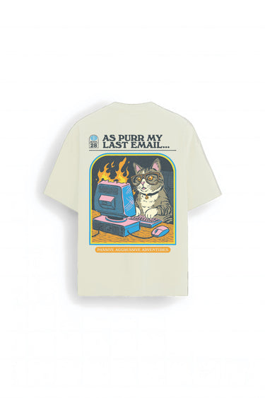 Bonkers Corner oversized T-shirt featuring a playful "Purred Emails" graphic in a relaxed fit, casual streetwear style.