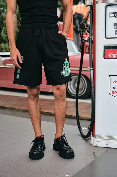Bonkers Corner Pushin B Lounge Shorts in XS, soft fabric with a relaxed fit, featuring bold graphic print on the front.