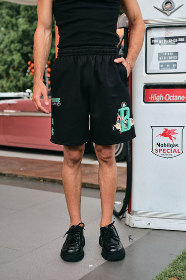 Bonkers Corner Pushin B Lounge Shorts in XS, featuring relaxed fit and comfortable fabric, shown in a casual style.