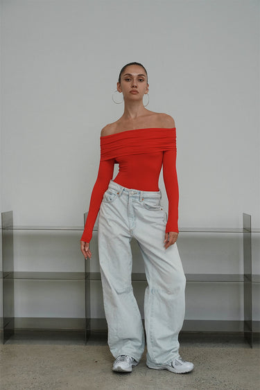 Red Off Shoulder Polyamide Bodysuit - BonkersCorner