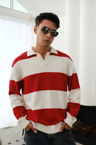 Red Stripe V-Neck Knit Polo by Bonkers Corner, featuring a classic V-neck design and bold red stripe pattern.