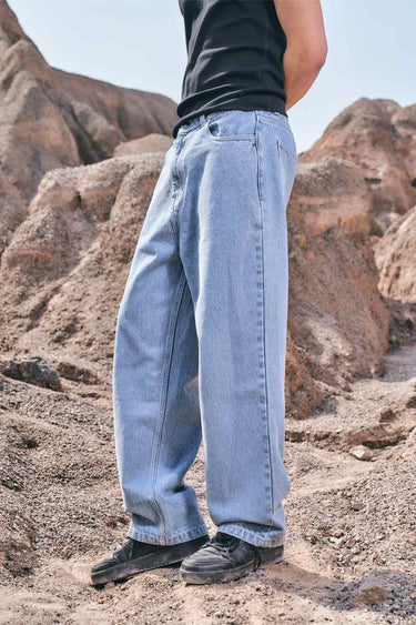 Regular blue wide leg straight jeans by Bonkers Corner, showcasing a relaxed fit and classic denim look.