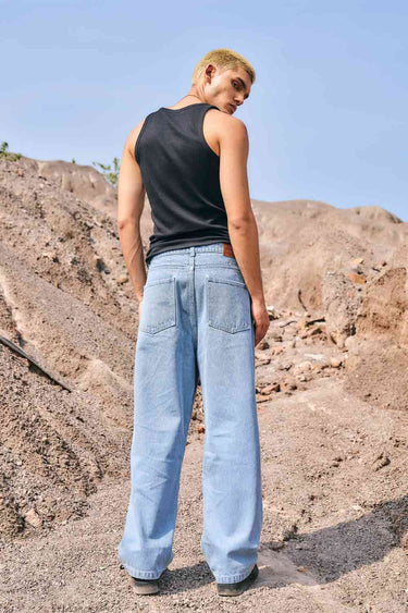 Bonkers Corner regular blue wide-leg straight jeans displayed on a model, showcasing a classic casual denim style.