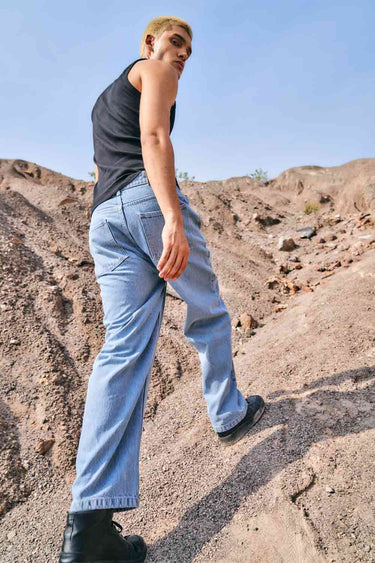 Regular blue wide-leg straight jeans by Bonkers Corner, shown on a model with a relaxed fit and classic denim style.