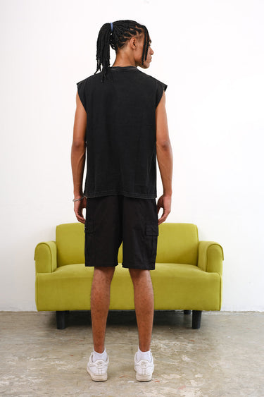Bonkers Corner Signature Black Utility Shorts shown from the front, featuring multiple pockets and a casual fit.