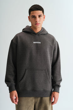 Bonkers Corner Signature Dark Grey Melange Hoodie shown on a hanger, featuring a soft fabric and casual fit.