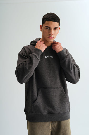 Bonkers Corner Signature Dark Grey Melange Hoodie, close-up view of the soft fabric and hoodie design.