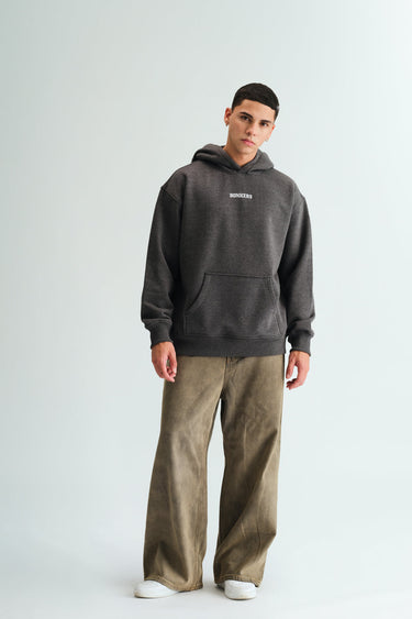 Bonkers Corner Signature Dark Grey Melange Hoodie shown, featuring a casual fit and soft fabric, ideal for daily wear.