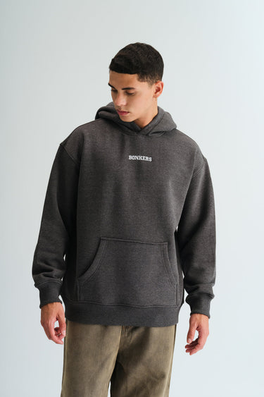 Bonkers Corner Signature Dark Grey Melange Hoodie, close-up of soft fabric and hood with drawstrings.