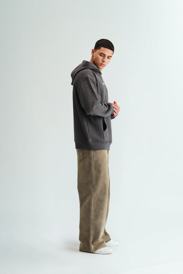 Bonkers Corner Signature Dark Grey Melange Hoodie shown laid flat with front view and hoodie details.
