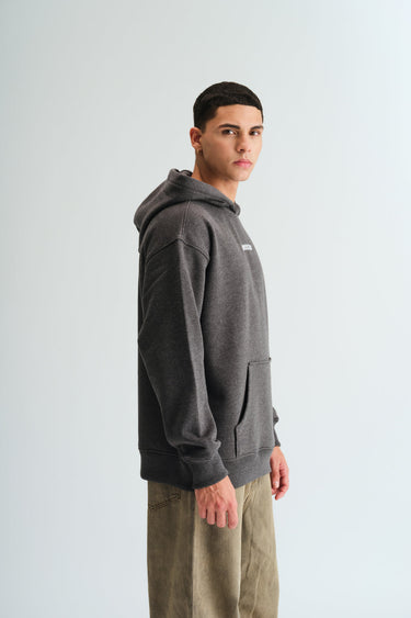 Bonkers Corner Signature Dark Grey Melange Hoodie displayed on a hanger, showing the soft fabric and casual fit.
