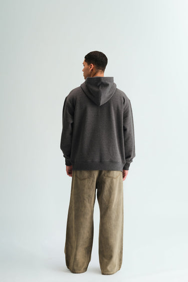 Bonkers Corner Signature Dark Grey Melange Hoodie shown on a hanger, featuring a casual fit and soft textured fabric.