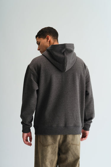 Dark grey melange hoodie by Bonkers Corner shown in a close-up image, featuring a comfortable fit and soft fabric.