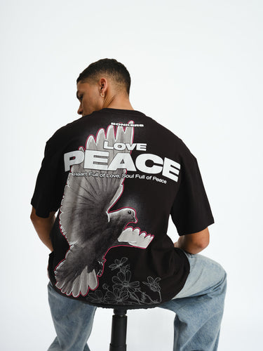 Bonkers Corner Signature Love and Peace premium oversized T-shirt in XS, featuring a bold peace symbol and relaxed fit.