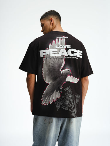Bonkers Corner Signature Love and Peace premium oversized T-shirt in XS with a colorful peace symbol design.