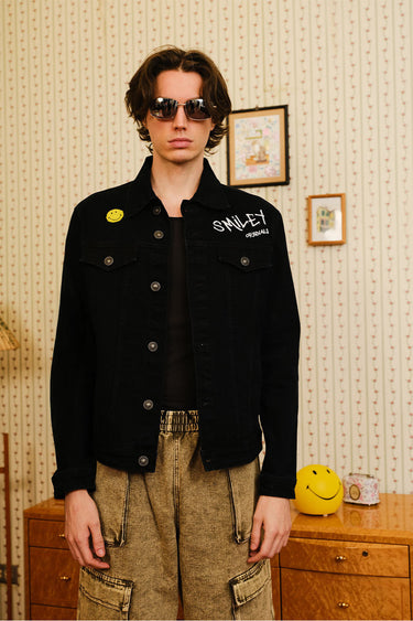 Bonkers Corner Smiley Originals denim jacket featuring classic blue denim, button-up front, and embroidered smiley face design.