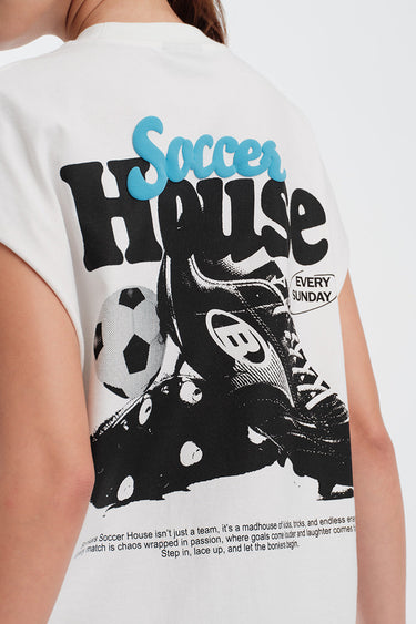 Bonkers Corner Soccer House Vest Tank top in XS, white with black graphic design, casual athletic style, front view.