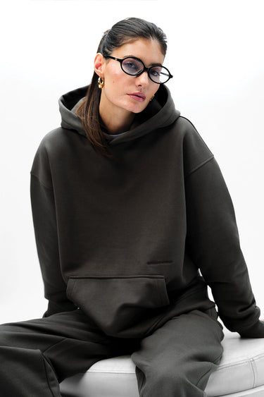 Taupe oversized hoodie from Bonkers Corner featuring a relaxed fit and cozy design, perfect for casual wear.