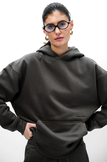 Taupe oversized hoodie from Bonkers Corner Wear A Hug collection, featuring a relaxed fit and soft fabric.
