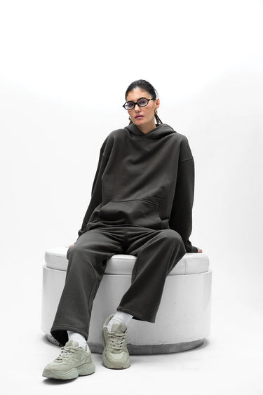 Taupe oversized hoodie from Bonkers Corner with a relaxed fit and casual style, shown on a model.