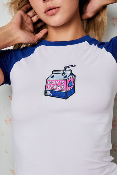 Bonkers Corner Tear Tonic Baby Tee in XS, showing a casual short-sleeve cotton shirt with graphic print on the front.
