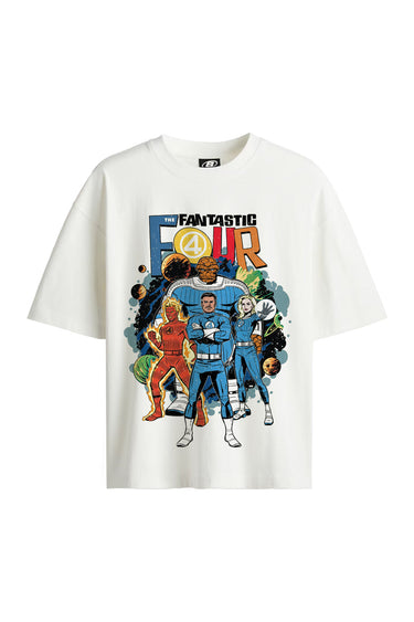 Bonkers Corner The Fantastic Four oversized T-shirt in white, featuring comic book-inspired graphics and a relaxed fit.