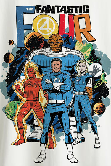 Light blue oversized T-shirt featuring The Fantastic Four logo and artwork, from Bonkers Corner, displayed on a flat lay.