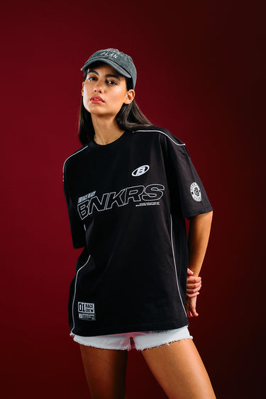 Bonkers Corner Trackside oversized T-shirt in gray with graphic print, casual fit, and short sleeves.