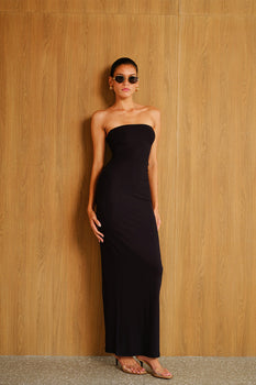 Black Tencel Modal Tube Dress by Bonkers Corner, showcasing a fitted, sleeveless design with smooth fabric and minimalist style.