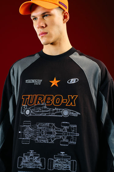 Bonkers Corner Turbo X Blackprint sweatshirt in black with graphic design, casual fit, displayed on a plain background.