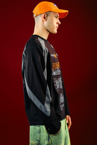 Bonkers Corner Turbo X Blackprint sweatshirt in black with bold print, soft fabric, and relaxed fit displayed on a model.