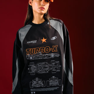 Bonkers Corner Turbo X Blackprint sweatshirt in black with bold print, displayed on a plain background.
