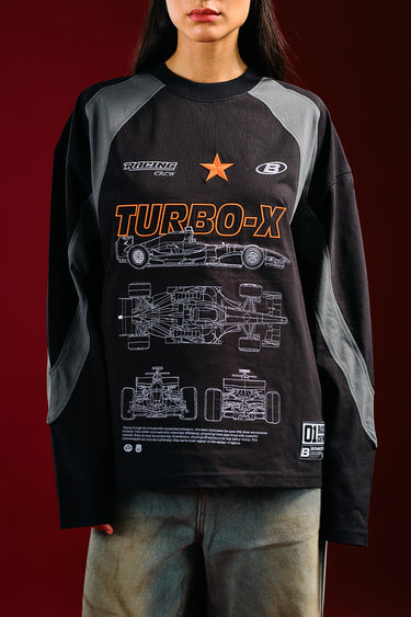 Bonkers Corner Turbo X Blackprint sweatshirt in black with graphic design, displayed on a plain white background.