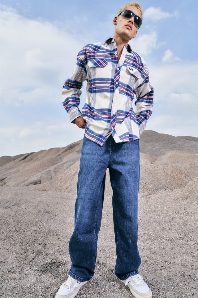 Vintage Blue Premium Thick-Thin Plaid Oversized Shirt
