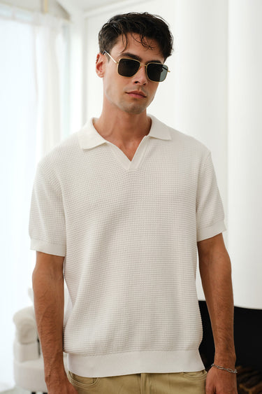 White knit polo T-shirt by Bonkers Corner featuring a classic collar and short sleeves, displayed on a plain background.