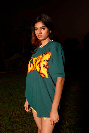 Bonkers Corner Blaze oversized T-shirt in black with bold graphic design, relaxed fit, and short sleeves.
