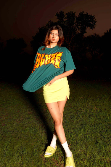 Bonkers Corner Blaze Oversized T-shirt in black, featuring bold graphic design and relaxed fit, front view.
