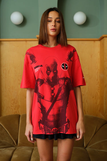 Bonkers Corner Deadpool 3 oversized T-shirt featuring a graphic print, casual fit, and bold design, perfect for fans of the Marvel character.