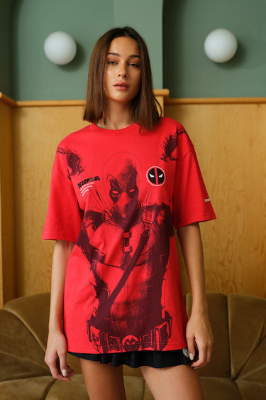Bonkers Corner Deadpool 3 oversized T-shirt featuring graphic print, laid flat to show the relaxed fit and bold design.