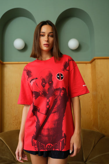 Bonkers Corner Deadpool 3 oversized T-shirt featuring Deadpool graphic, soft fabric, and relaxed fit on a plain background.