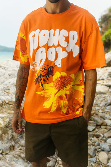 Bonkers Corner Flower Boy oversized T-shirt with floral graphic, white cotton fabric, relaxed fit, casual streetwear style.