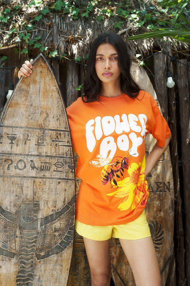 Bonkers Corner Flower Boy oversized T-shirt in white with colorful floral graphic on front, casual streetwear style.